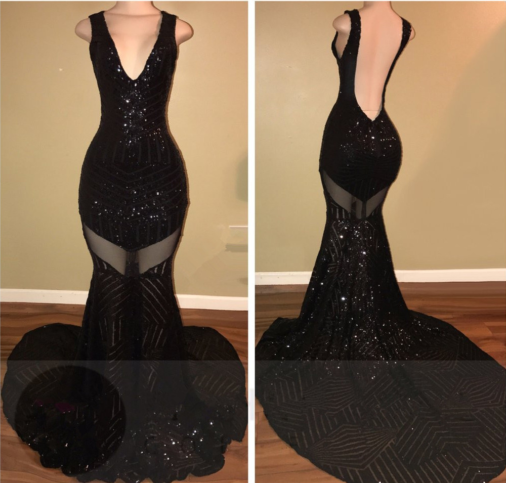 Open Back Black Sequin Prom Dress