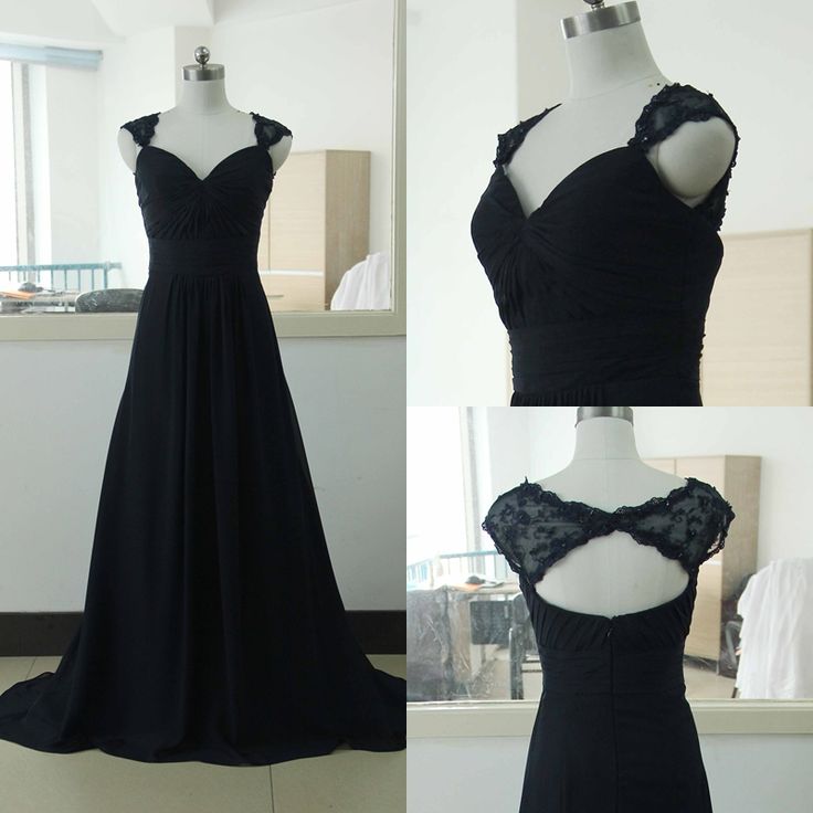 Long Black Chiffon Evening Dress With Lace Cap Sleeves Formal Occasion Dress