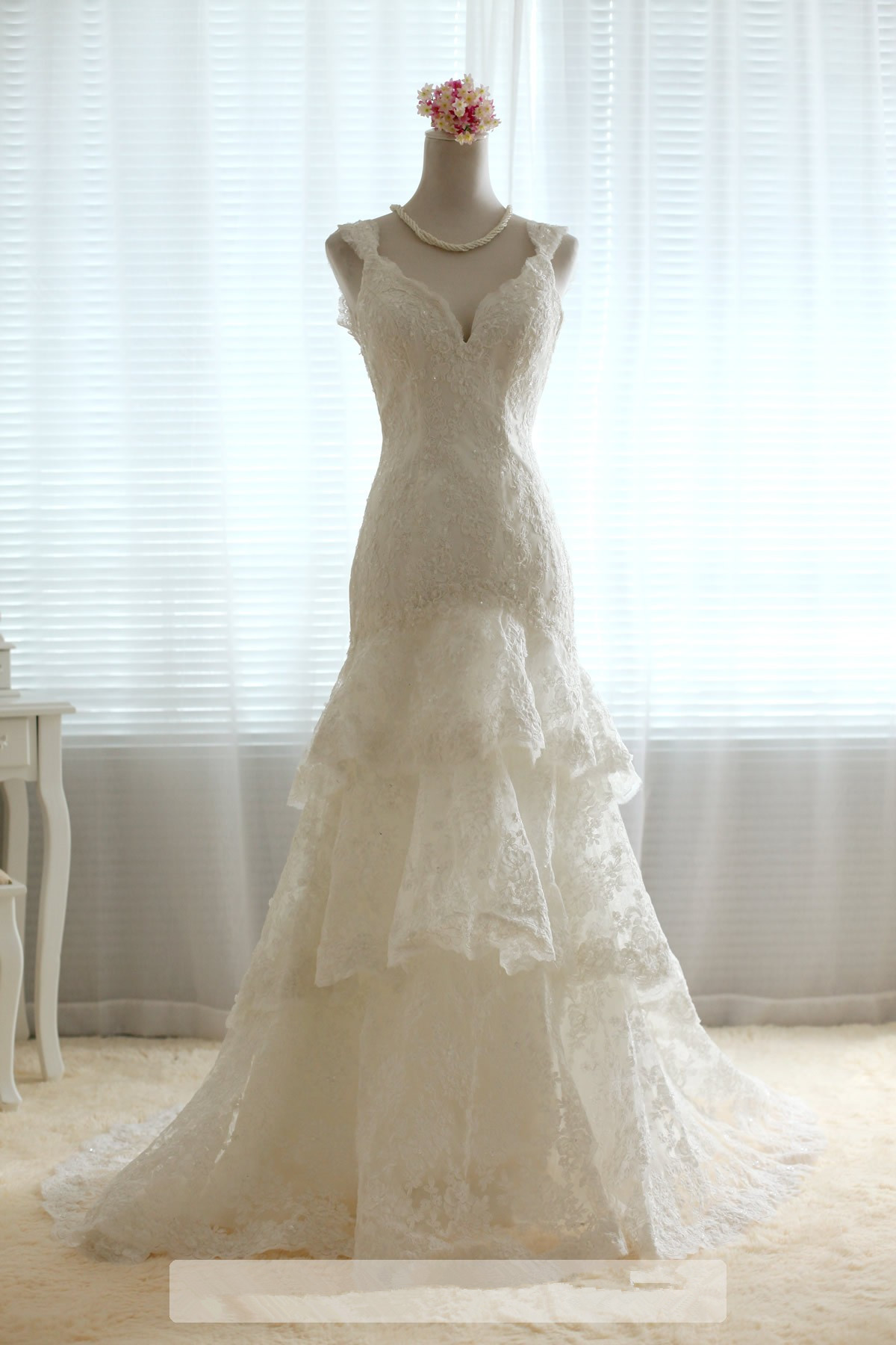 Tiered Vintage Ivory Lace Wedding Dress