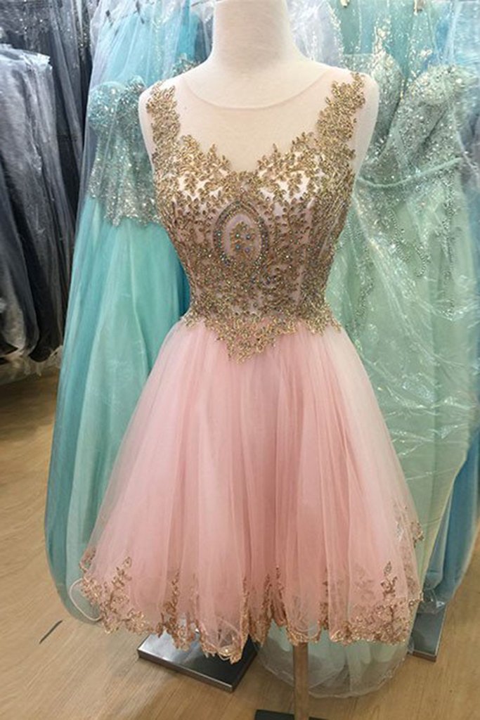 Short Pink Homecoming Semi Formal Dress With Gold Appliques