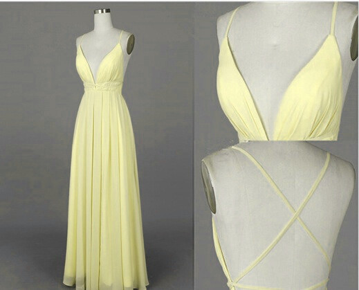Light Yellow Chiffon Plunge V Spaghetti Straps Floor Length A-line Formal Dress Featuring Criss-cross Open Back