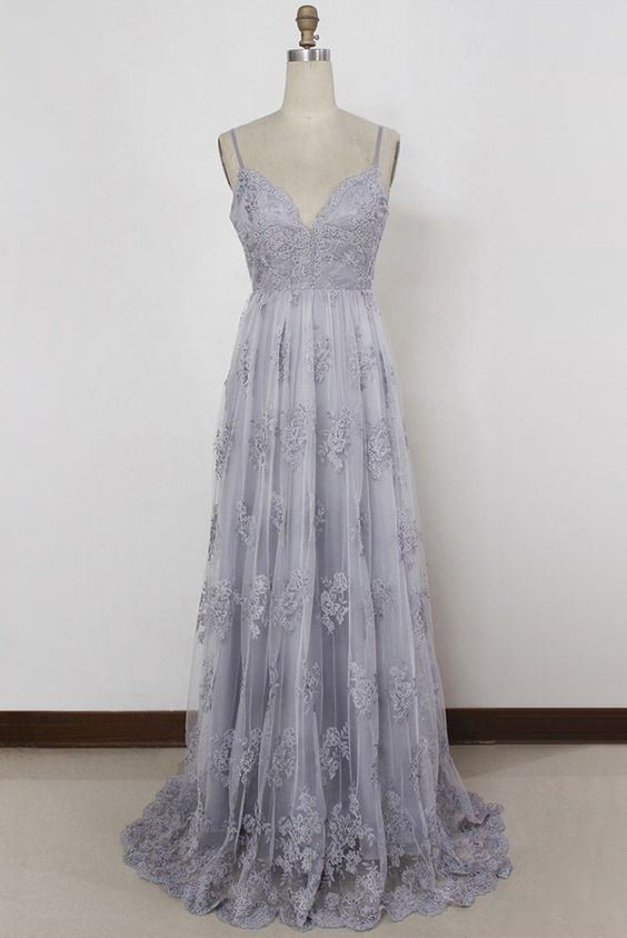 Spahgetti Straps Gray Prom Dress With Appliques Lace