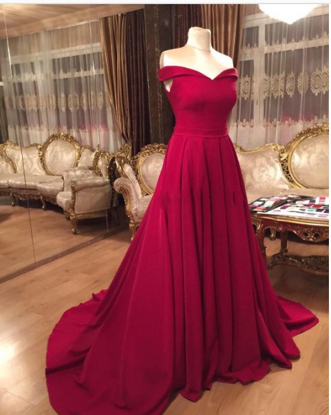 Burgundy Off-the-shoulder Floor Length A-line Wedding Dress Featuring Sweep Train