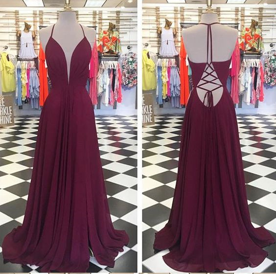 Plunging Neck Long Maroon Prom Dress