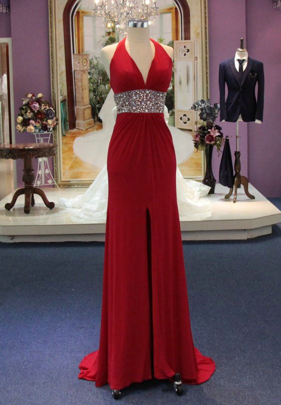 Open Back Halter Prom Dress With Slit on Luulla