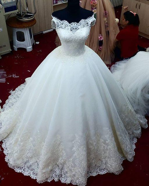 Off The Shoulder White Bridal Wedding Dress With Lace Trim