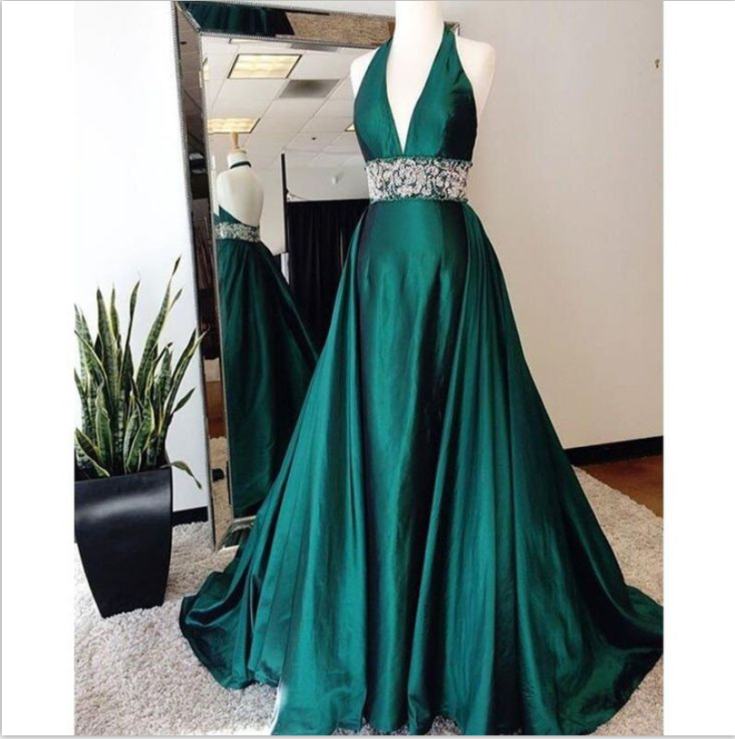 Halter Dark Green Prom Dress With Open Back