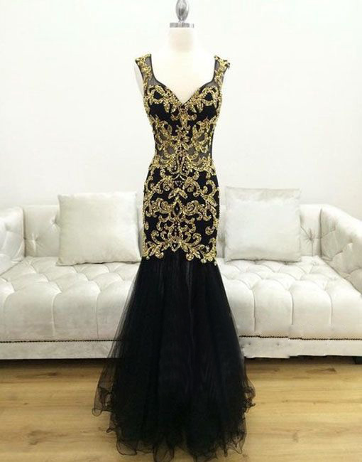 Black Mermaid Prom Dress With Gold Lace