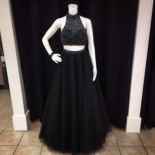 Black Two Pieces Prom Dress With Beaded Crop Top