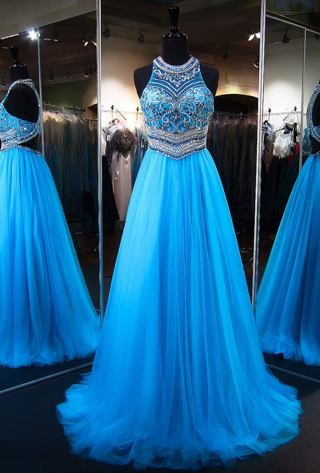 Turquoise Long Beaded Prom Dress With Keyhole Back