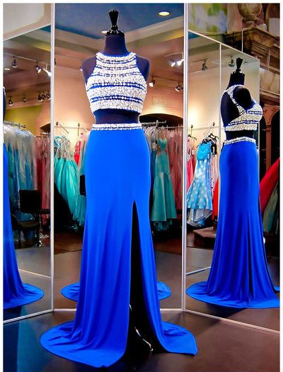 Blue Two Pieces Prom Dress With Slit Beads