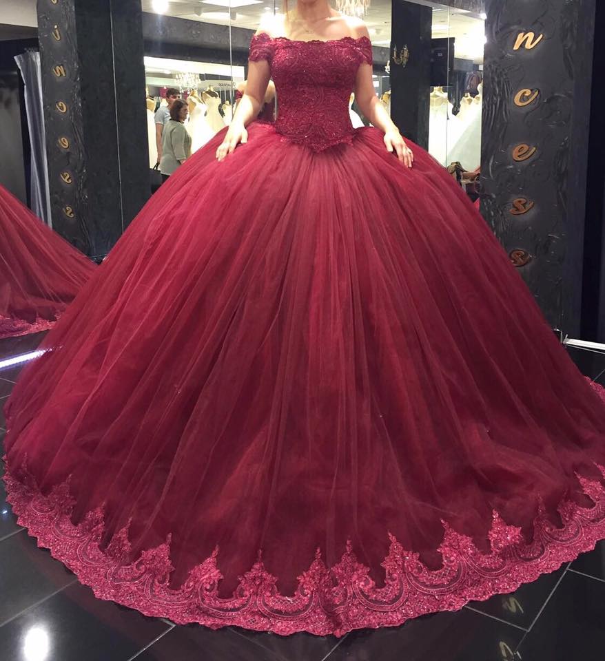 Off The Shoulder Burgundy Quinceaneara Dress With Lace Trim