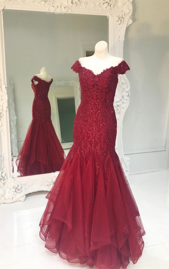 Off The Shoulder Evening Dress Burgundy Prom Dress