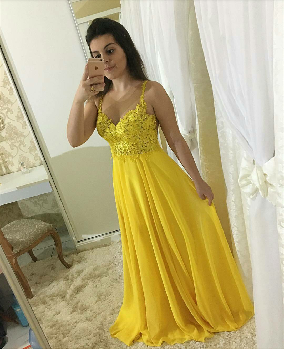 Sheer Back Yellow Prom Dress With Side Zipper Formal Occasion Dress