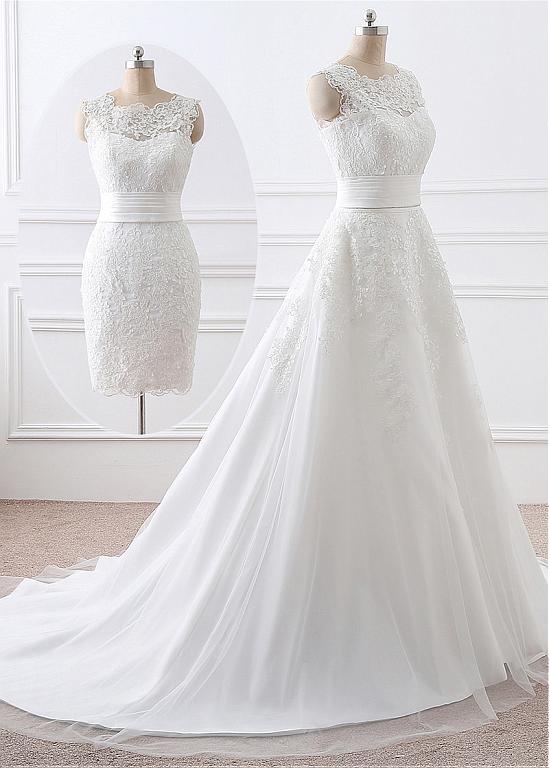 Sheer Neck Lace Wedding Dress With Removable Skirt