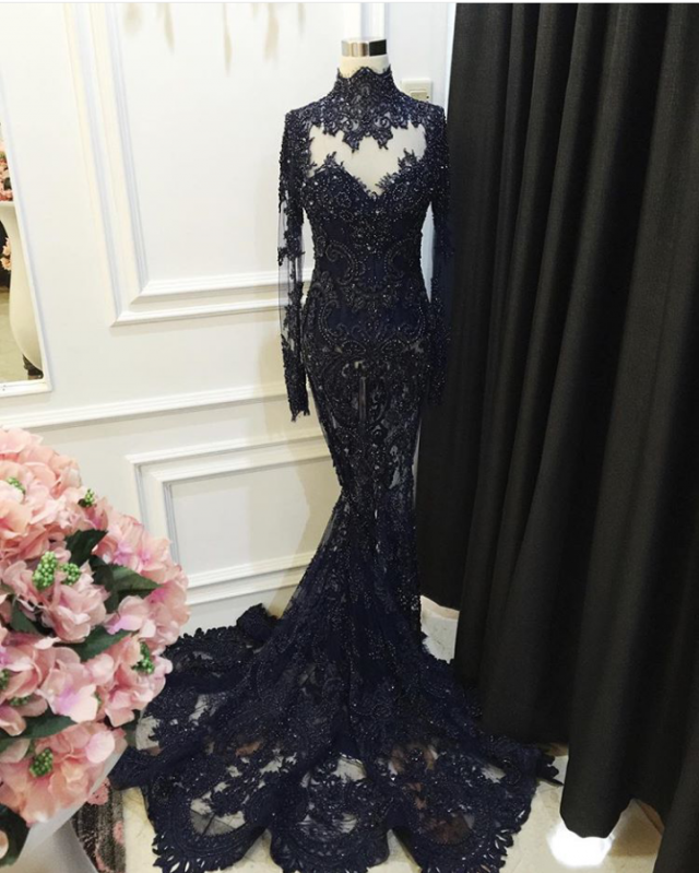 High Collar Black Lace Prom Dress Long Sleeves Mermaid Evening Dress