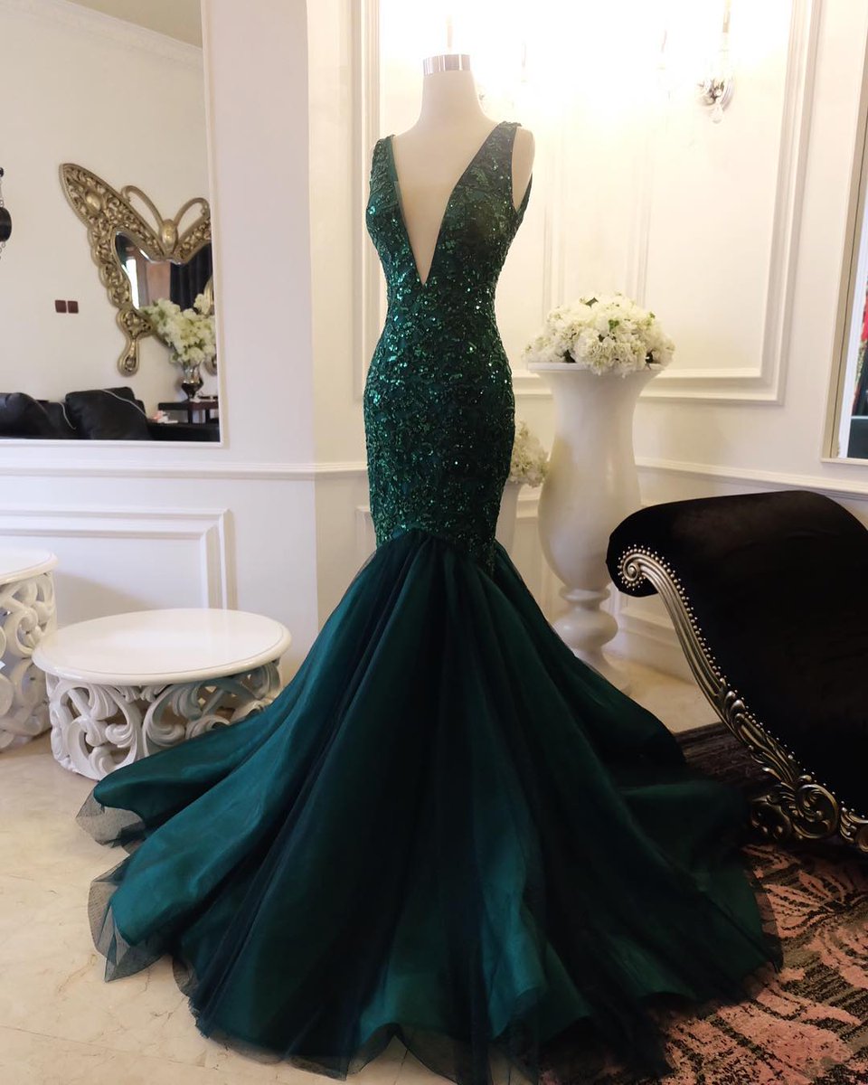 Sleeveless Plunging V Sequined Mermaid Tulle Prom Dress, Evening Dress
