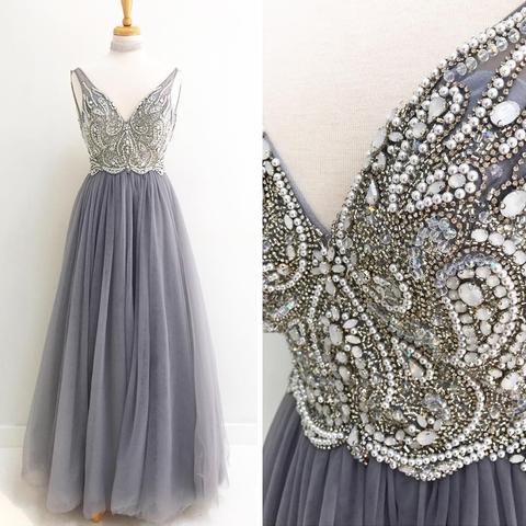 Grey Prom Dress With Beads