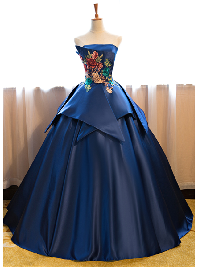 Royal Blue Strapless Floral Embroidered Princess Ball Gown, Prom Dress, Evening Dress Featuring Lace-up Back