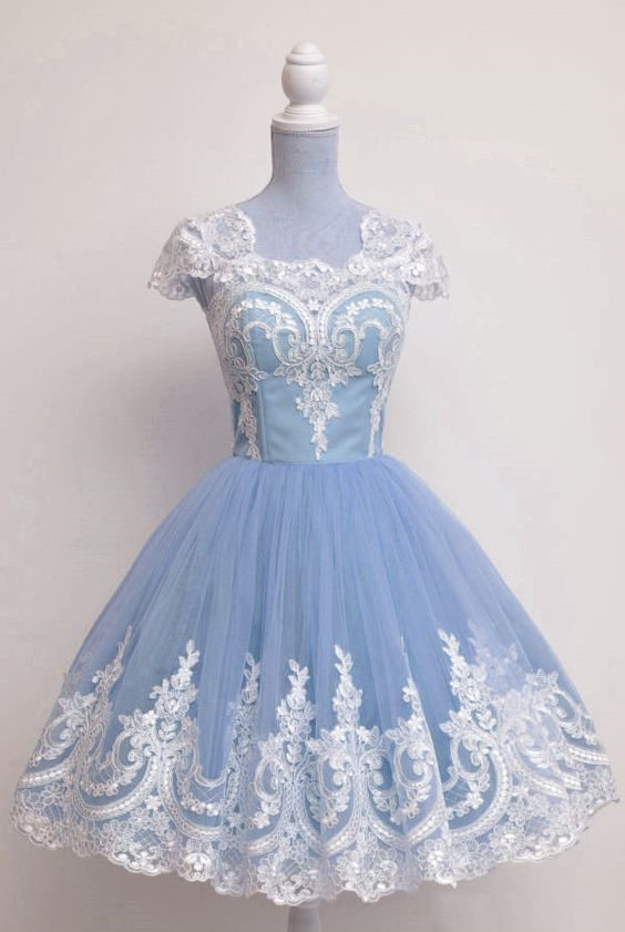 Short Blue Party Dress With Appliques Lace