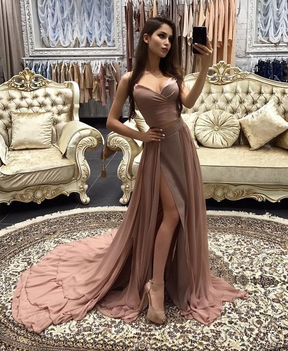 silk brown prom dress Brown Prom Dress 2023 Satin Spaghetti straps