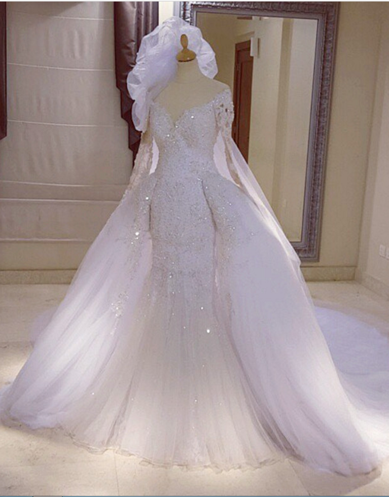 Long Sleeves Glittwe Wedding Dress With Detachable Overskirt
