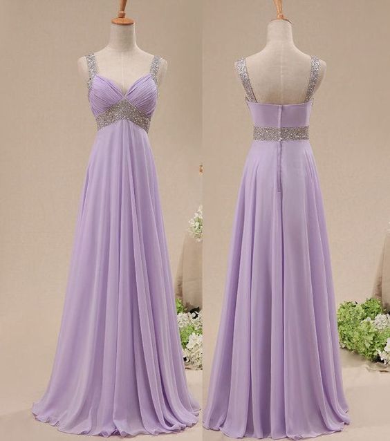 Pleated V-neck Chiffon Long Dress With Slit Lavender