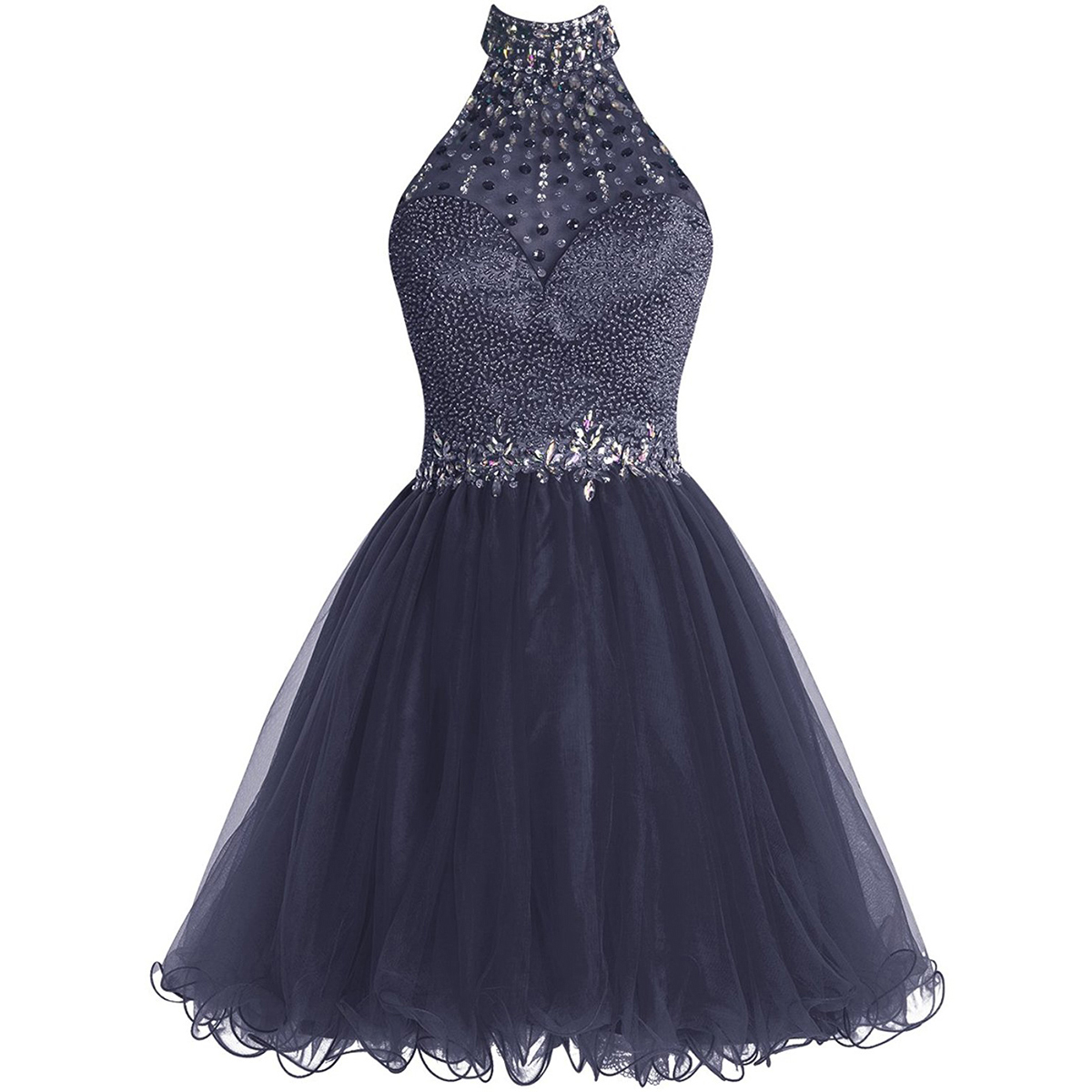 Beaded Embellished High Halter Neck Short Tulle Homecoming Dress, Formal Dress