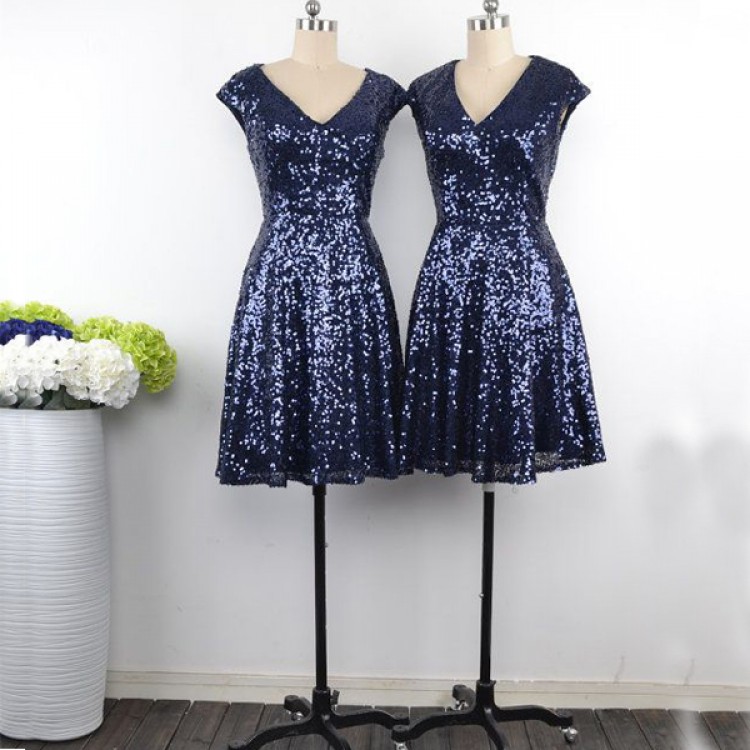 Navy Blue Sequinned Plunge V Cap Sleeves Short Formal Dress, Homecoming Dress, Party Dress