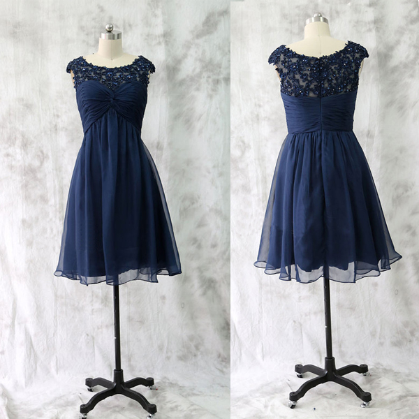 Lace Neckline Short Navy Semi Formal Dress