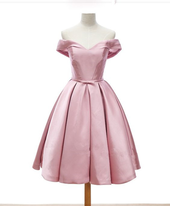 Pink Off-the-shoulder Plunge V Short Pleated Homecoming Dress Featuring Bow Accent Belt And Lace-up Back, Formal Dress
