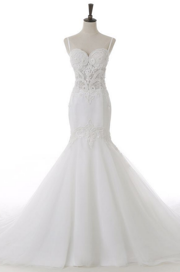 White Mermaid Wedding Dress With Pearls on Luulla