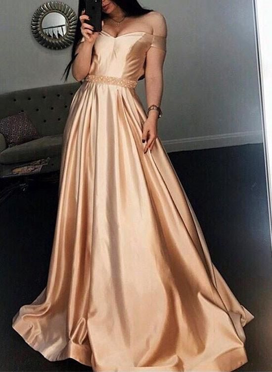 Off The Shoulder Satin Prom Dress With Beaded Waist