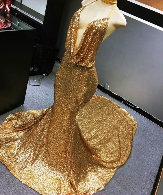 Backless Gold Sequin Mermaid Prom Dress