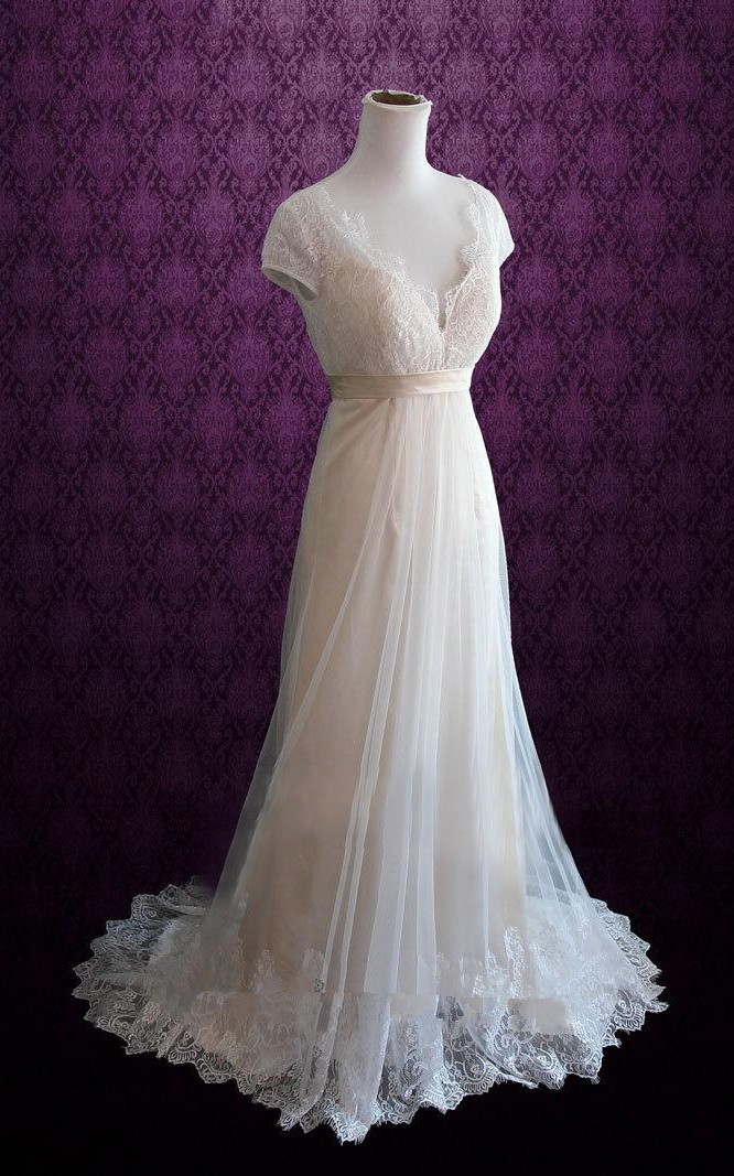 Short Sleeves Spring Country Wedding Dress With Scalloped V Neck V Back ...