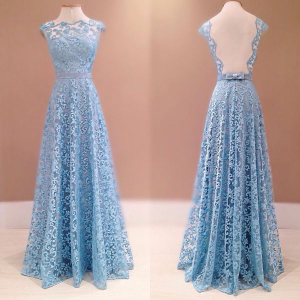 A-line Overall Lace Light Blue Evening Dress With Illusion Back