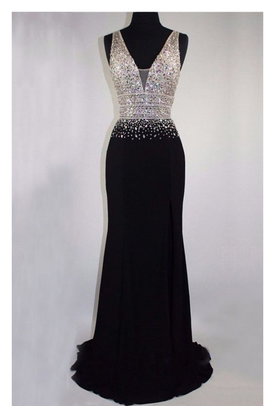 V Neck Black Prom Dress With Crystals Beads