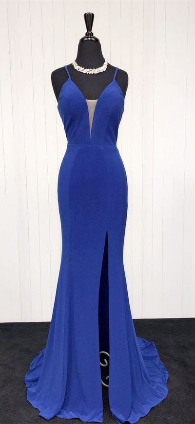 Spaghetti Straps Blue Prom Dress With Slit on Luulla