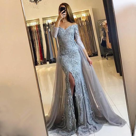 Long Sleeves Grey Lace Prom Dress With Detachable Skirt