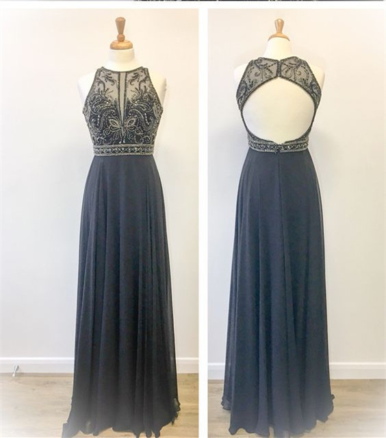 Open Back Black Beaded Prom Dress