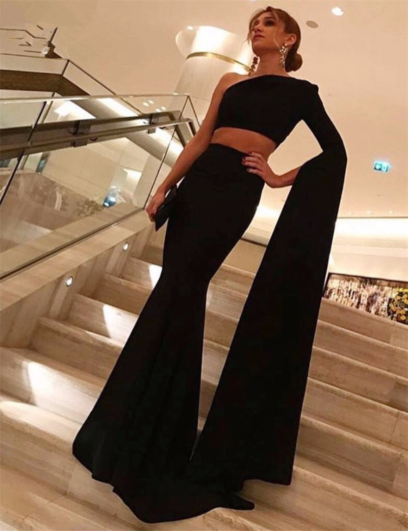 Elegant Black/burgundy Two Pieces Prom Dress With Long Flare Sleeves