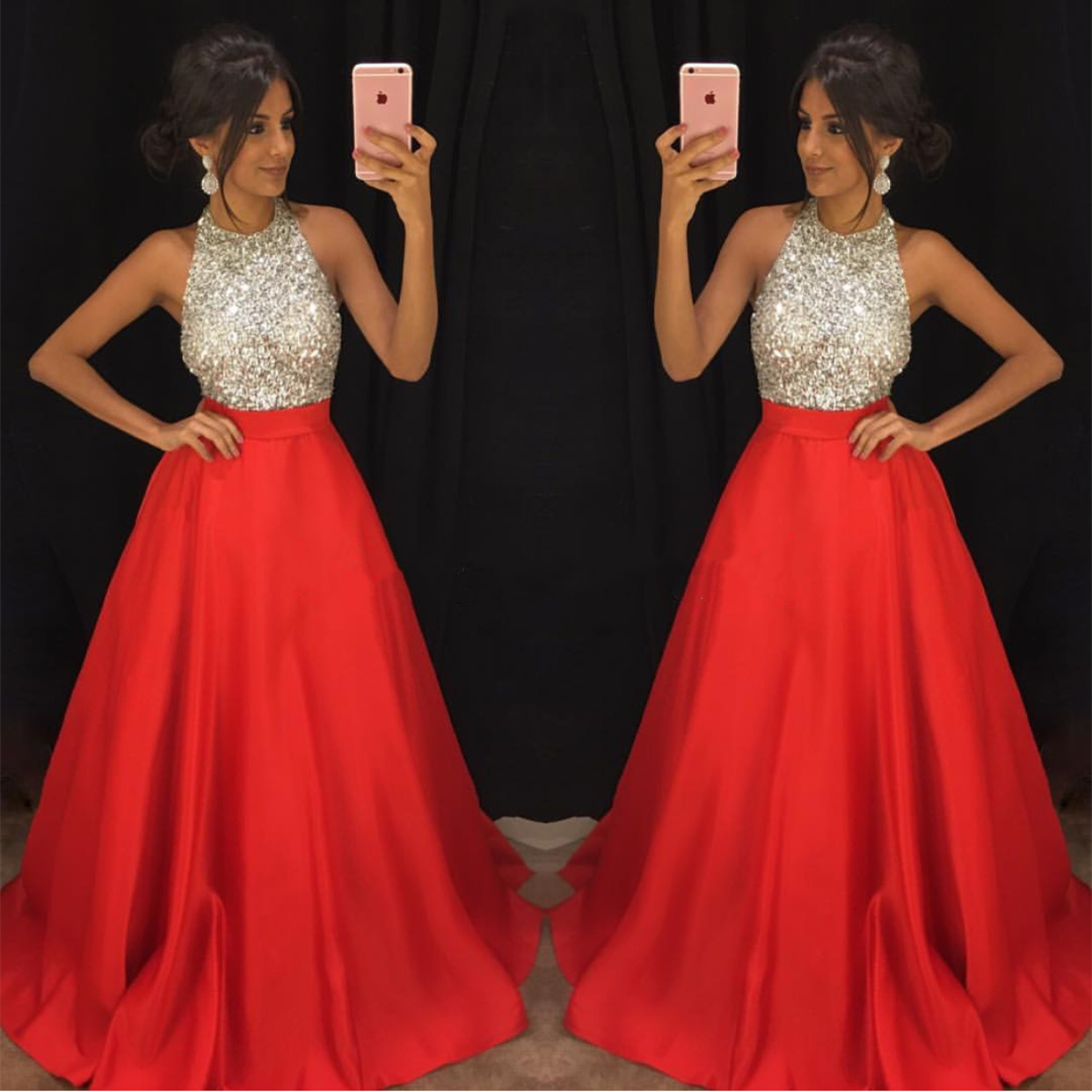 A-line Red Prom Dress With Silver Bodice