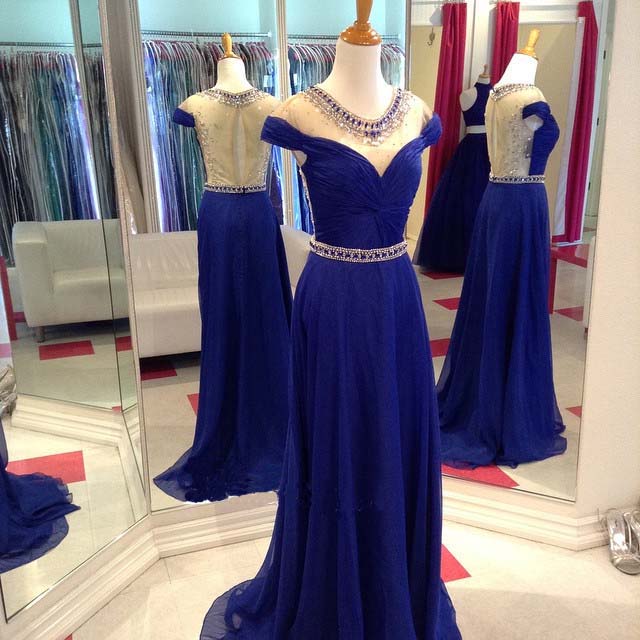 Sheer Neck Long Royal Blue Chiffon Prom Dress With Twisted Bodice
