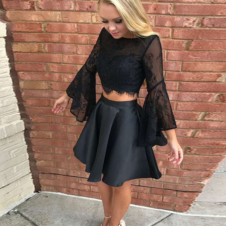 Short Black 2 Piece Prom Dress With Flare Sleeves