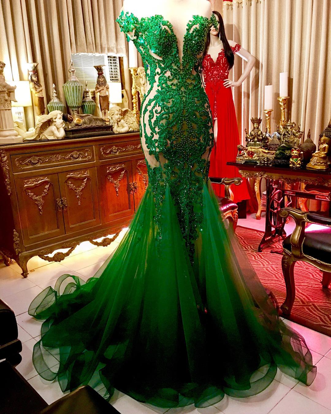 Illusion Back Prom Dress Illusion Back Green Mermaid Prom Dress With Beading