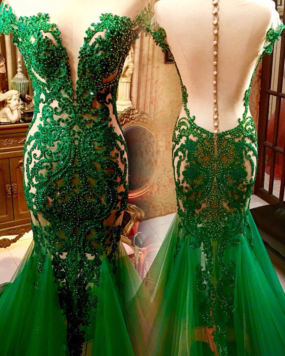 Green Mermaid Evening Dress With 3D Flowers Charming Prom Dress  Y661