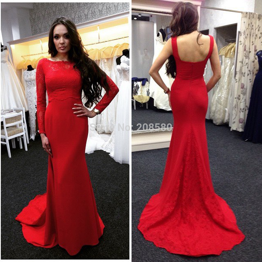 Long Sleeves Red Formal Occasion Dress With U Back