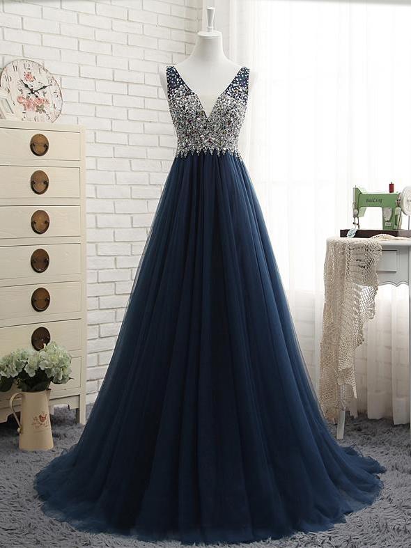 A-line V Neck Sparkle Navy Blue Long Prom Dress With Open V Back