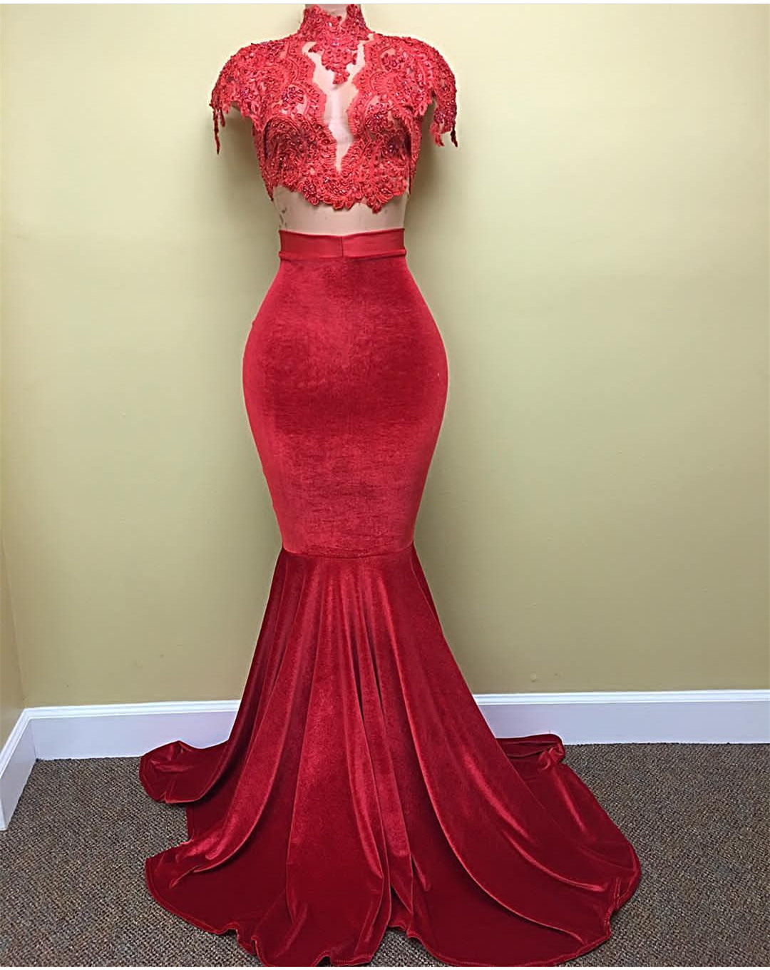 Two Pieces Prom Dress With Velvet Skirt
