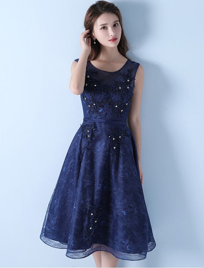Tea Length Navy Blue Semi Formal Party Dress